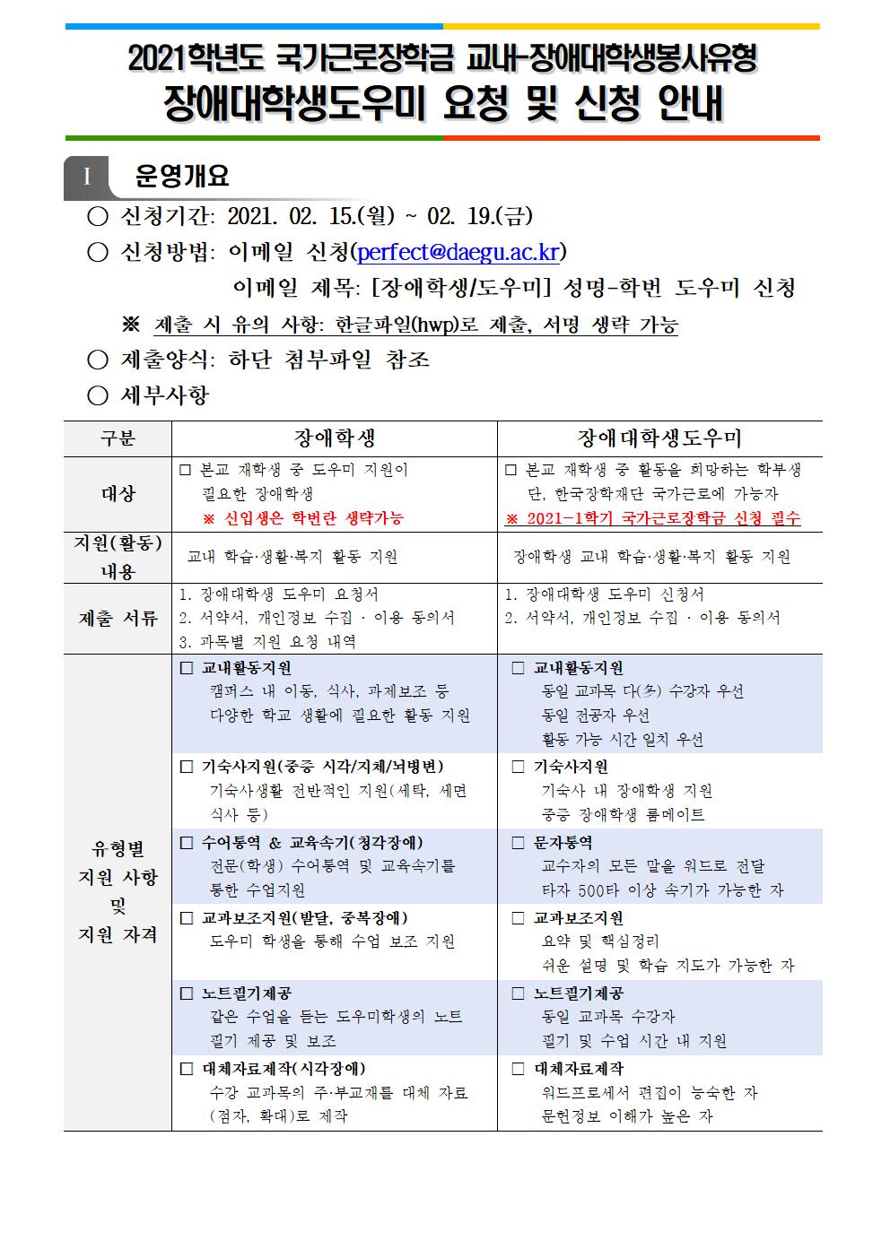 2021학년도 국가근로장학금 교내-장애대학생봉사유형 장애대학생도우미 요청 및 신청 안내  운영개요 하단 내용 참조